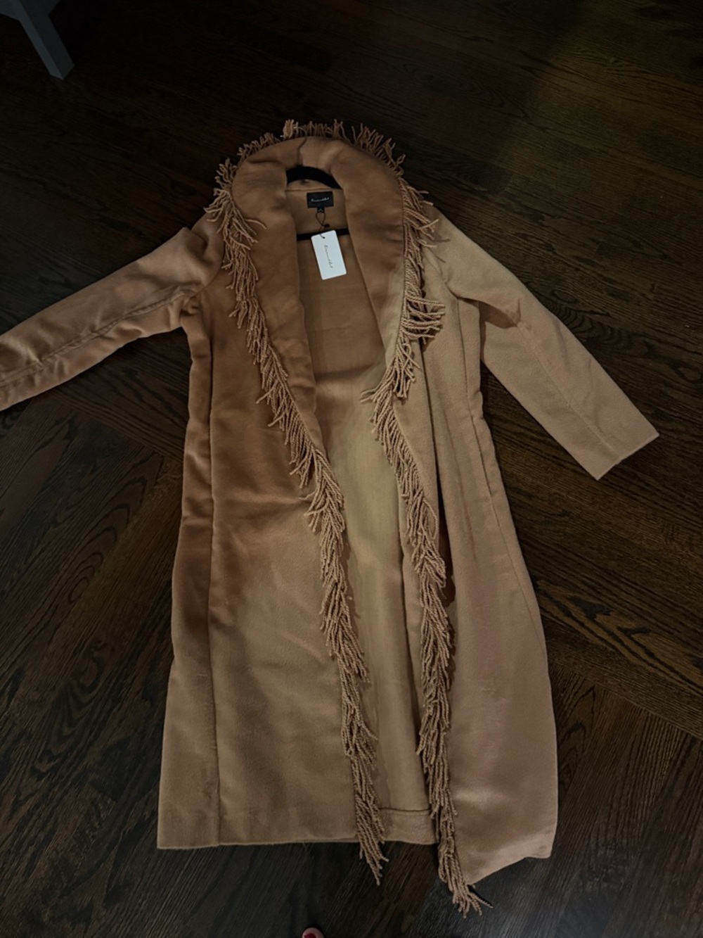 Fringe-Trim Camel Open Front Coat